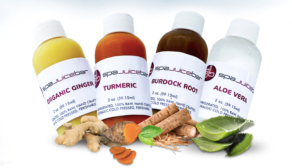 Four Play? Four play is 4 shots of immune boosting juice: one 2oz shot of ginger, one 2 oz shot of turmeric, one 2oz. shot of burdock rook, one 2 oz shot of aloe vera