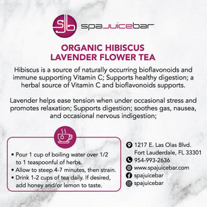 Spajuicebar organic hibiscus lavender tea 2oz serving Hibiscus is a source of naturally occurring bioflavonoids and immune supporting vitamin C;  Lavender helps ease tension when under occasional stress and promotes relaxation;