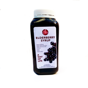 SpaJuiceBar Elderberry Syrup in an 8oz bottle. The ingredients are organic elderberry, organic wild cherry bark, organic marshmallow root, organic ginger, ceylon cinnamon, organic cloves, honey, water