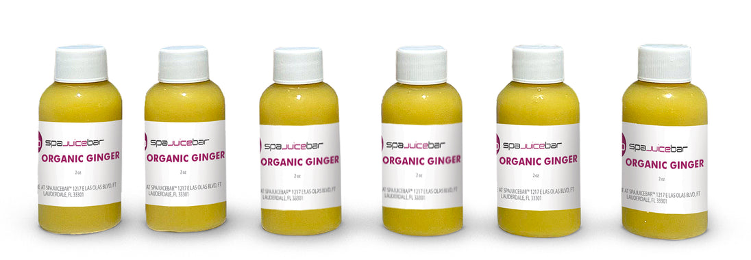 SpaJuiceBar's 6 pack of 2oz organic ginger a week supply.