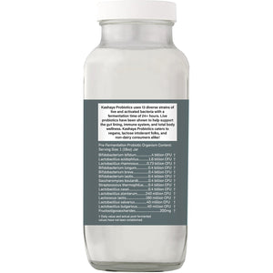 Kashaya Therapeutic Back Label: Kashaya Probiotics uses  13vdiverse strains oflive and activated bacteria with a fermentation time of 24 + hours.   A living probiotic with 960 billion CFU.