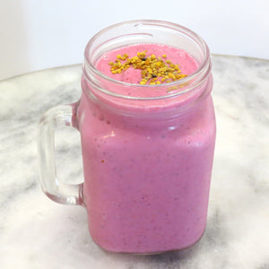 SpaJuiceBar Pitaya Strawbana smoothie, organic pitaya, organic strawberry, banana, homemade almond milk