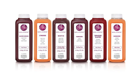 SpaJuiceBar root juice kit consist of Beetie, CYBOOG, Horizon, Dragon Slayer, Sunshine and Blood Moon juice.  All of the juices contain a root vegetable.