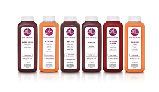 SpaJuiceBar root juice kit consist of Beetie, CYBOOG, Horizon, Dragon Slayer, Sunshine and Blood Moon juice.  All of the juices contain a root vegetable.